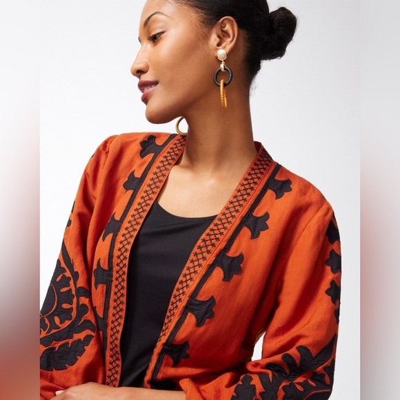 Chico’s Linen Blend Applique Jacket, Rust/Black, Size XL, EUC